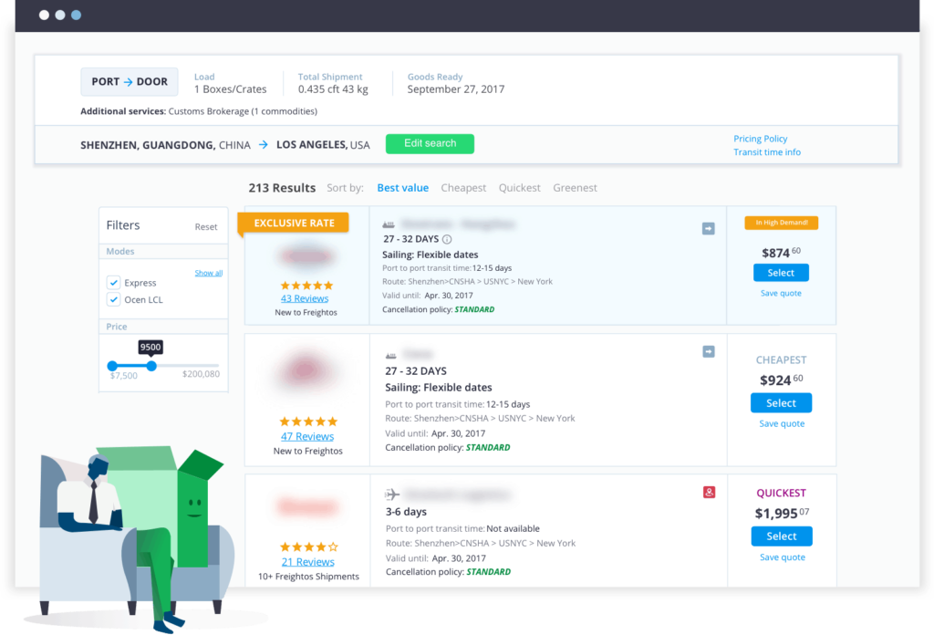 Instantly compare container shipping rates with air, ocean, and trucking freight quotes from vetted providers. Find the balance of price and transit time that works for you.